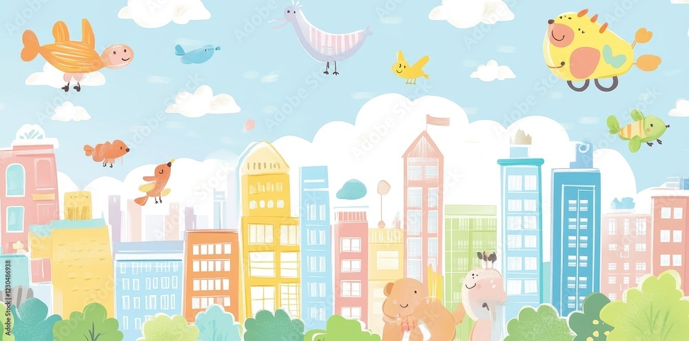 Happy Animals Flying Over a Colorful Cityscape Happy Animals Flying Over a Colorful Cityscape