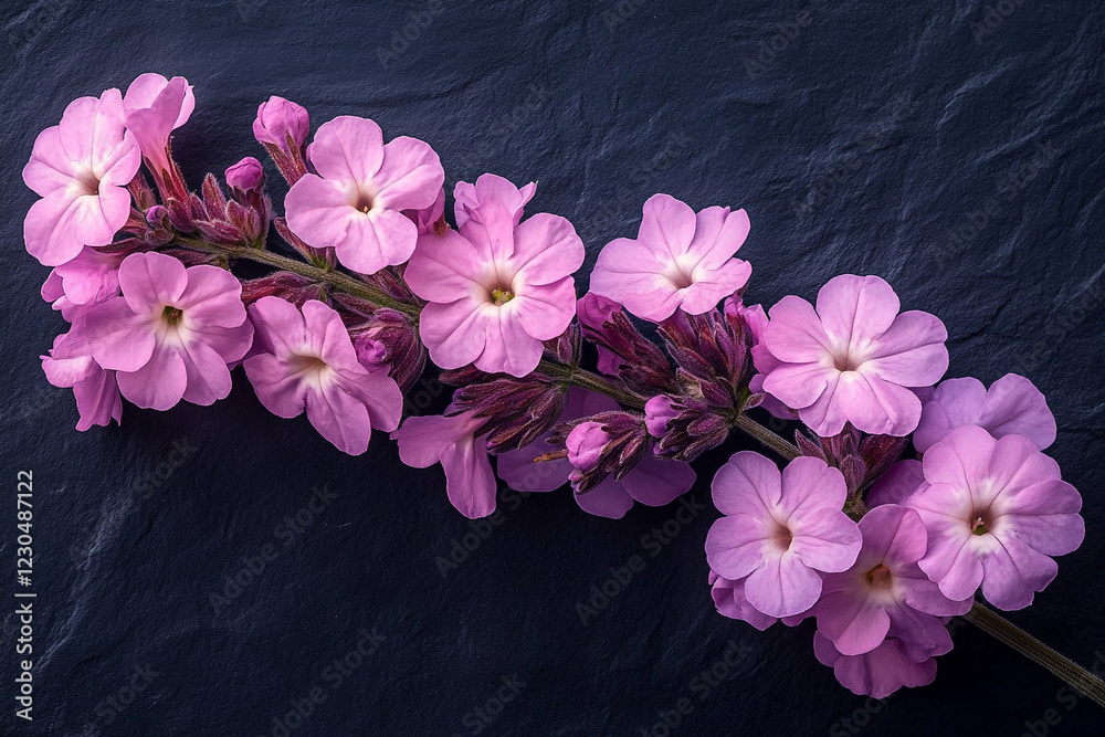 Fototapeta premium Delicate Pink Flowers Arranged on Dark Background