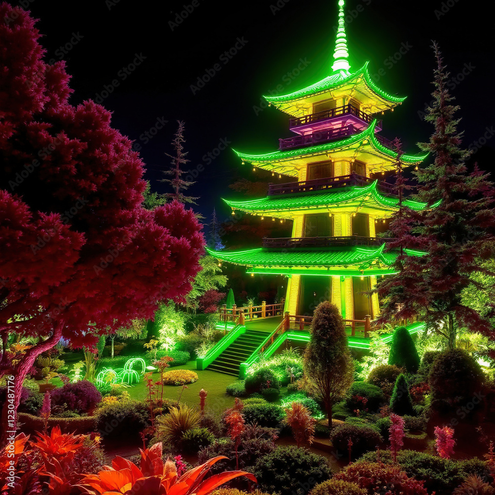 Fototapeta premium A striking pagoda shines brightly in neon colors against the night sky, surrounded by a beautifully landscaped garden filled with vibrant plants and trees