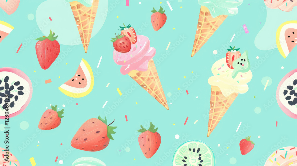 Delightful ice cream cones with colorful toppings and fresh fruits create cheerful pattern on mint green background, perfect for summer vibes Delightful ice cream cones with colorful toppings and fresh fruits create cheerful pattern on mint green background, perfect for summer vibes
