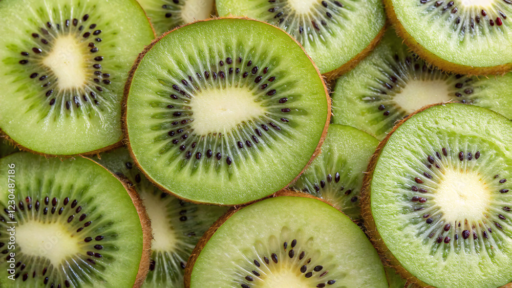 Fresh kiwi fruit slices in a close-up view, showcasing vibrant green color, juicy texture, and black seeds Fresh kiwi fruit slices in a close-up view, showcasing vibrant green color, juicy texture, and black seeds