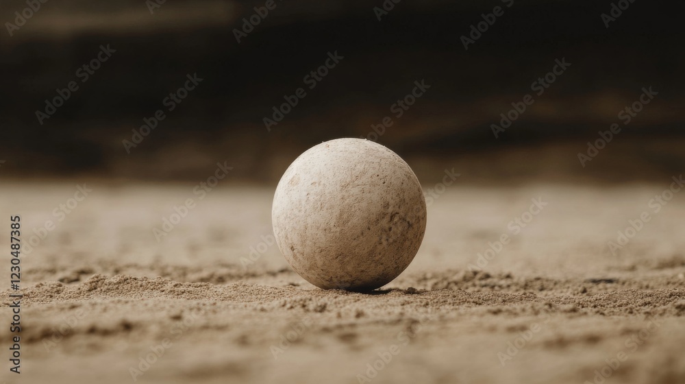 Close-up of a weathered, off-white sphere resting on sandy ground. Close-up of a weathered, off-white sphere resting on sandy ground.