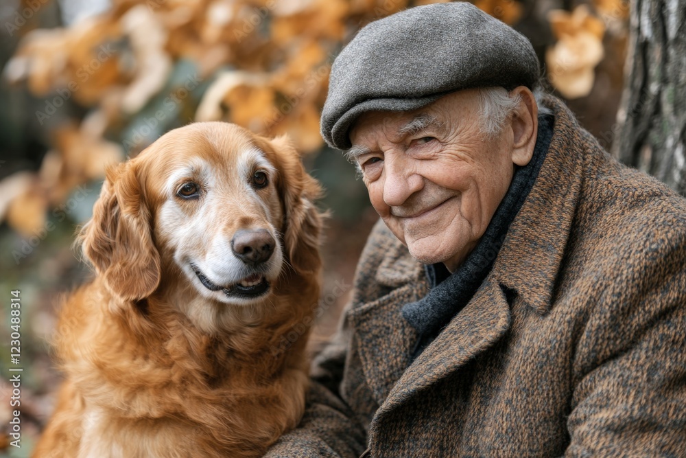 Senior man enjoys the company of his golden retriever during autumn in a park with colorful leaves Senior man enjoys the company of his golden retriever during autumn in a park with colorful leaves