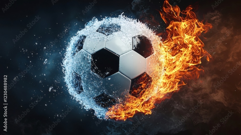 Naklejka premium Fiery Football: A Dramatic Fusion of Ice and Fire