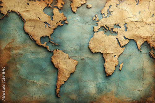 An Aged World Map Showing Continents and Oceans