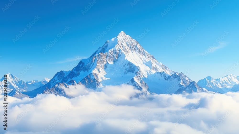Fototapeta premium Majestic Snow-Capped Mountain Peaks Above White Fluffy Clouds