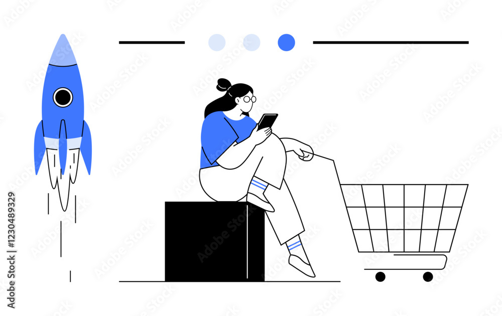 custom made wallpaper toronto digitalWoman sitting on a box using a mobile phone, a shopping cart in front, a rocket launching. Ideal for ecommerce, online shopping, technology adoption, startup growth, innovation, future business