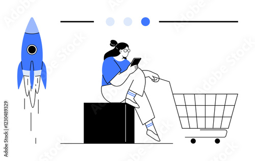 Wallpaper Mural Woman sitting on a box using a mobile phone, a shopping cart in front, a rocket launching. Ideal for ecommerce, online shopping, technology adoption, startup growth, innovation, future business Torontodigital.ca