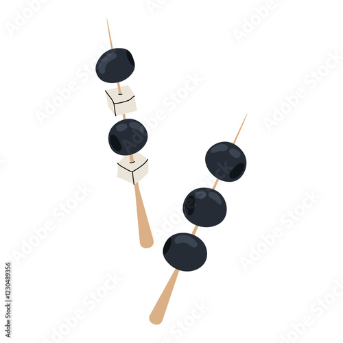 Olives on skewer. Snack with slices of feta cheese. Black olives. Greek cuisine. Flat illustration on white background.