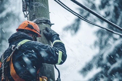 Lineman Dressed for Storm Repair on Utility Pole