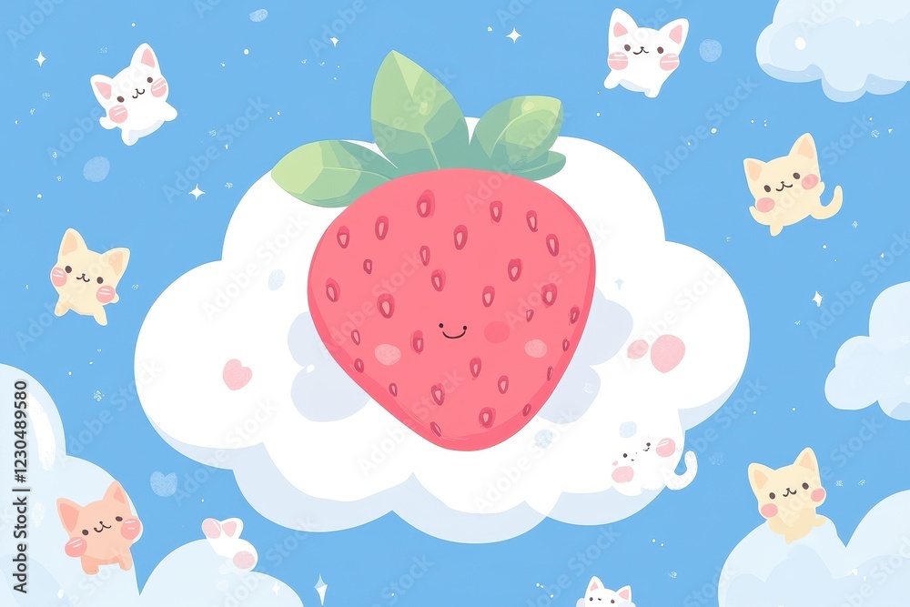 A Happy Strawberry Floats Among Cute Little Cats A Happy Strawberry Floats Among Cute Little Cats