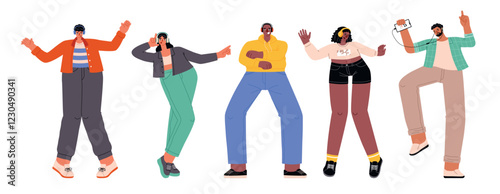 Group of young people listen music and dance. Funny guys and girls wearing headphones, cartoon melomaniacs characters, vector illustration