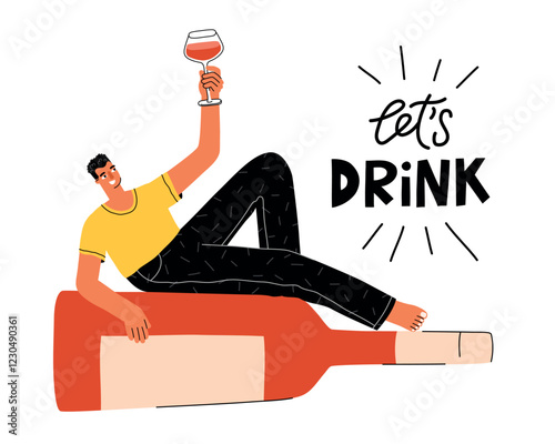 Guy drinks wine. Large bottle of red alcoholic beverage, funny taster character, comic relaxed person, lets drink text, vector illustration