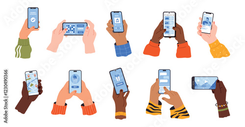 Hands hold smartphones. Fingers touch mobile phone screens with different apps and functions, social media, maps, music, video, vector set