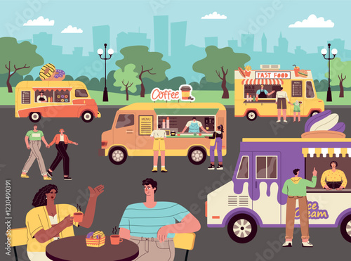 Happy fast food festival visitors. street gastronomic market with tracks and summer cafes, mobil coffee shop, burgers, vector illustration