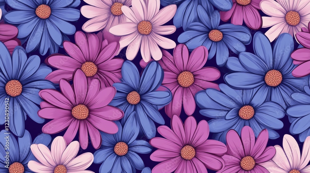 Y2k seamless sticker pattern rertro design. Sticker flower and with text. Trendy y2k positive pattern. Collage purple and pink label on background. Vector illustration