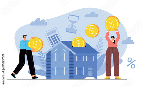 House purchase. Happy couple invest money in of new real estate, gradual repayment of mortgage loan, family buys home, vector illustration