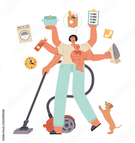 Housewife with multiple pairs of hands. Household chores, cartoon woman does domestic tasks, simultaneous execution, vector illustration