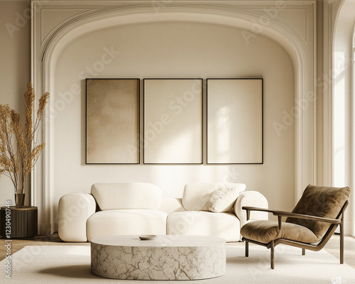 Modern Living Room Interior with Cream Sofa, Armchair, and Artwork