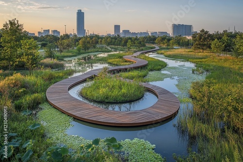 Winding wooden path through lush greenery and water in an urban park at sunrise