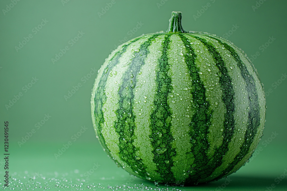 A Dew Covered Green Watermelon On A Green Background A Dew Covered Green Watermelon On A Green Background