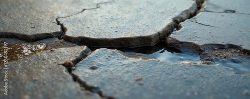 Water seeping into cracks on concrete surface, erosion, pores, wetness