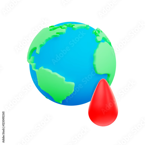 Vibrant 3d cartoon Earth with green continents, blue oceans and red drop on white background. Element for environmental awareness, resource conservation, sustainability. 3d vector illustration.