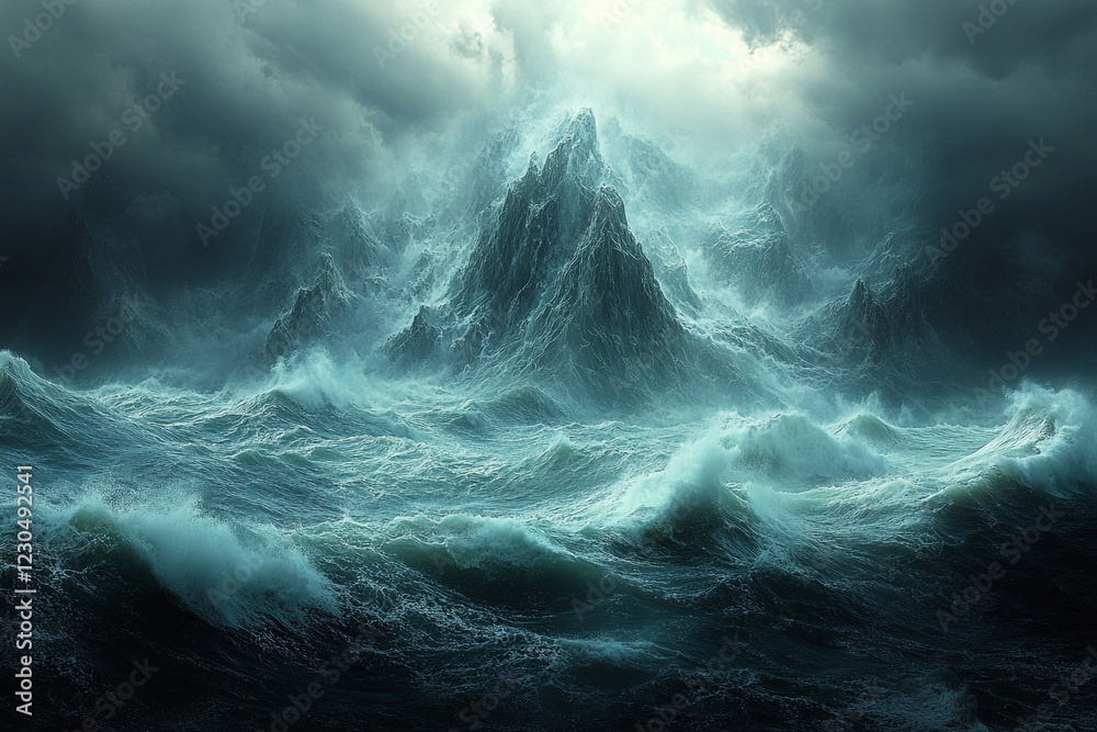 Fototapeta premium Dark Mountains Rise Above Tempestuous Ocean Waves