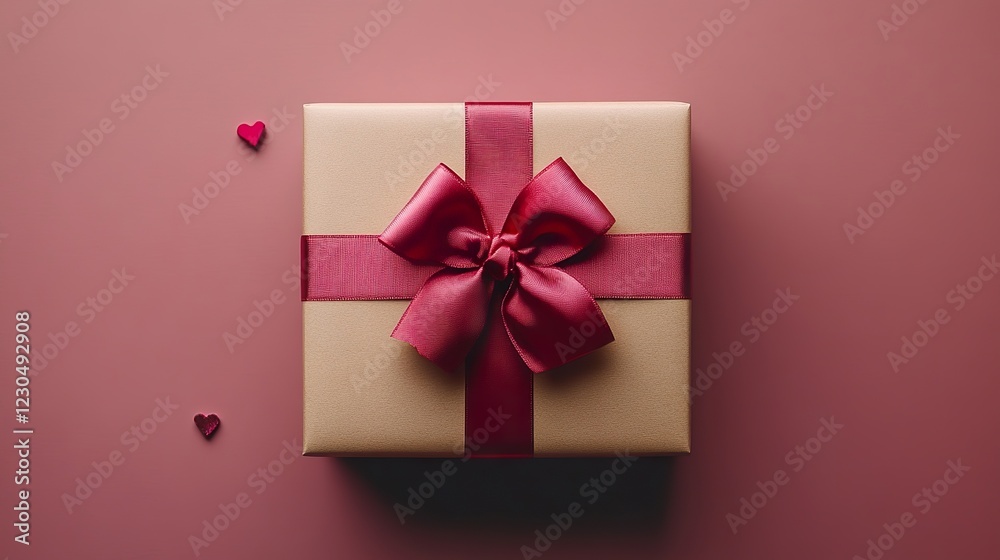 Kraft gift box with a red ribbon for Valentine's, anniversary, or birthday themes, top view with copy space. Kraft gift box with a red ribbon for Valentine's, anniversary, or birthday themes, top view with copy space.