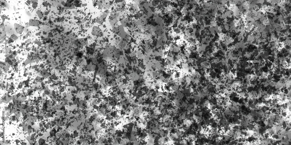 Black and grey grungy distress dispersion effect abstract white modern loft decor texture background, black and grey dust exploding against white background abstract seamless pattern texture effect.