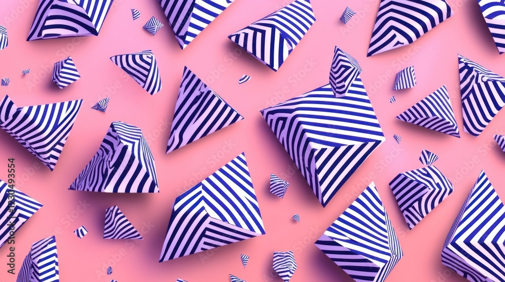 Obraz premium Abstract pink background with scattered blue and white striped pyramids.