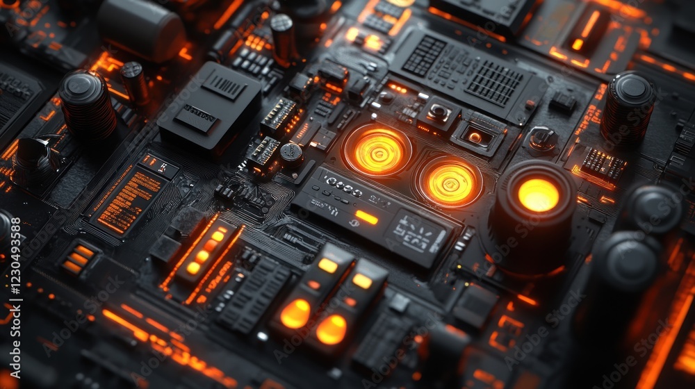 Fototapeta premium Close-up of futuristic circuit board with glowing orange components. (1)