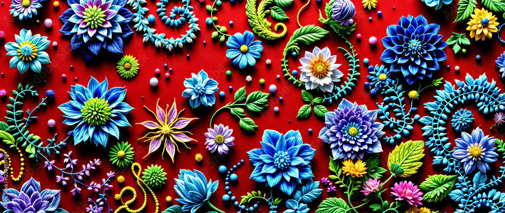 Vibrant Floral Patterns on Red Background - Dynamic Stock Photo for Creative Designs Vibrant Floral Patterns on Red Background - Dynamic Stock Photo for Creative Designs