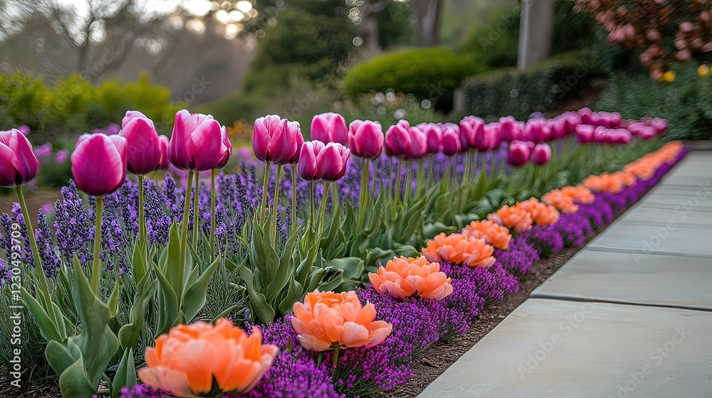 Tulips and Lavender Border a Garden Path Tulips and Lavender Border a Garden Path