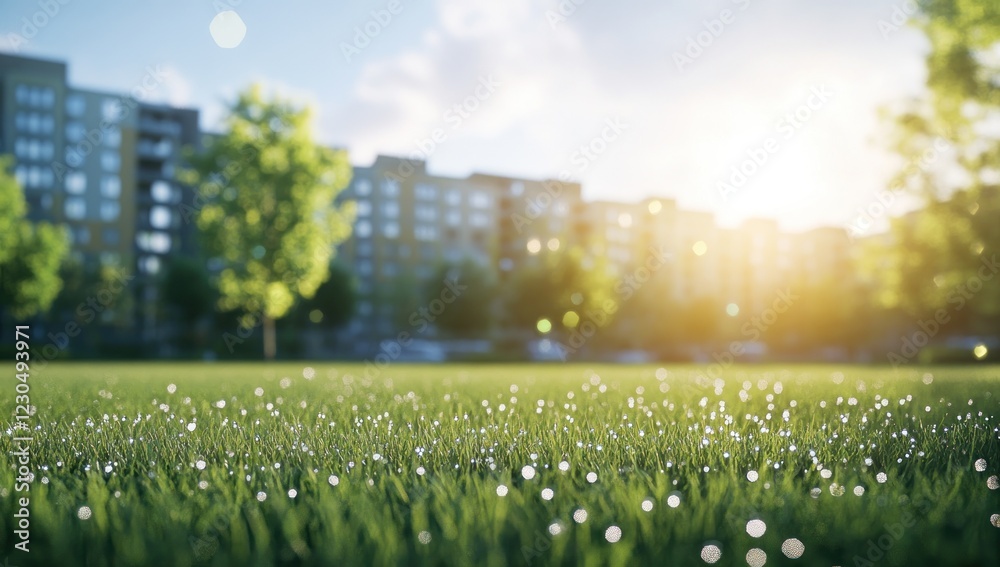 Fototapeta premium Serene Morning Dew: A Tranquil Urban Oasis