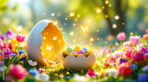 Magical Easter Scene with Glowing Egg, Colorful Eggs, and Spring Flowers in Sunlit Meadow. Easter concept