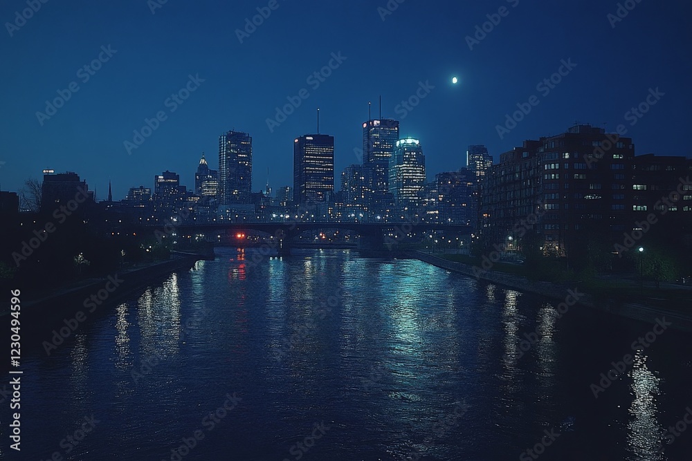 Obraz premium Nighttime cityscape with bridge and river reflecting lights in Montreal