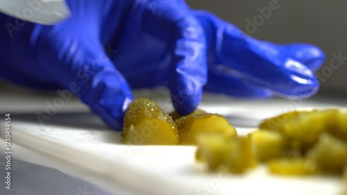 A cook in the kitchen cuts a pickled cucumber to add to a salad