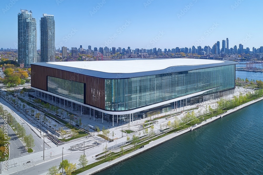 Modern architectural marvel stands by waterfront with city skyline in background showcasing urban development Modern architectural marvel stands by waterfront with city skyline in background showcasing urban development