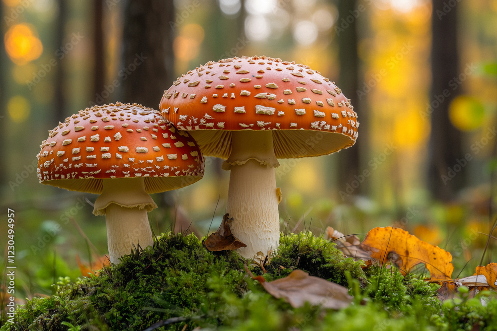 Two Amanita Muscaria Mushrooms in Forest Setting Two Amanita Muscaria Mushrooms in Forest Setting