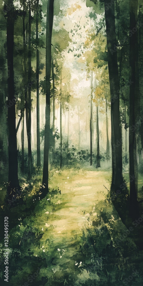 Fototapeta premium Enchanted Forest Pathway Watercolor Painting
