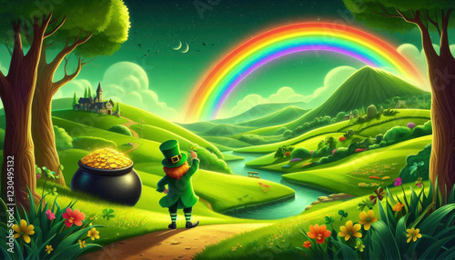 A magical Irish landscape with rolling green hills, a rainbow leading to a pot of gold, and a leprechaun standing proudly at the end. photo