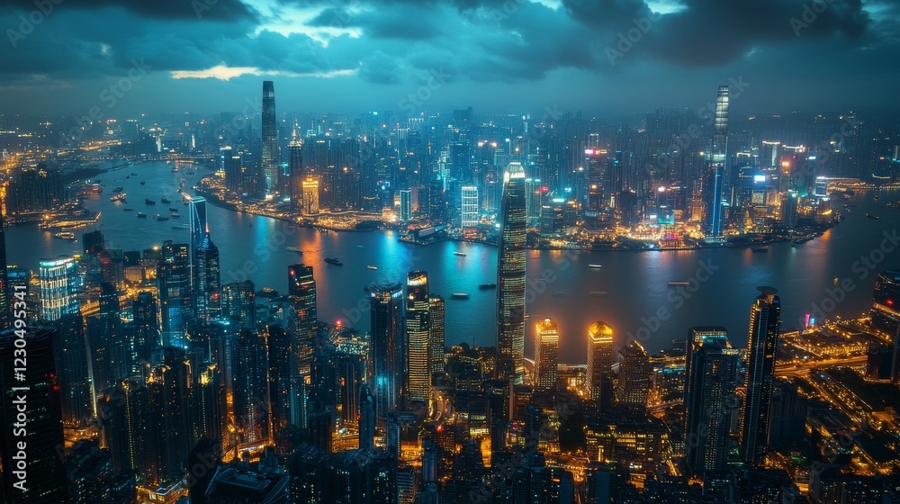 Obraz premium Smart city with particle glowing light connection design, big data connection technology concept. 3d rendering