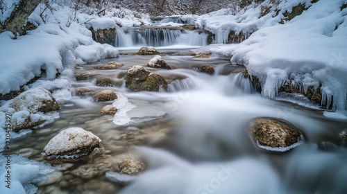 Frozen waterfall winter stream, snow, rocks, nature scene, serene landscape