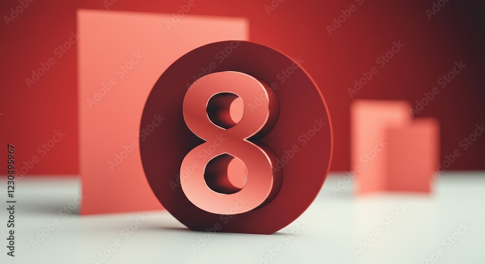 3D rendering of the number eight with geometric shapes in the background 3D rendering of the number eight with geometric shapes in the background