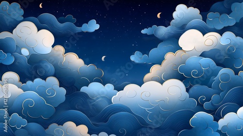 Blue clouds background, Chinese oriental pattern illustration vector