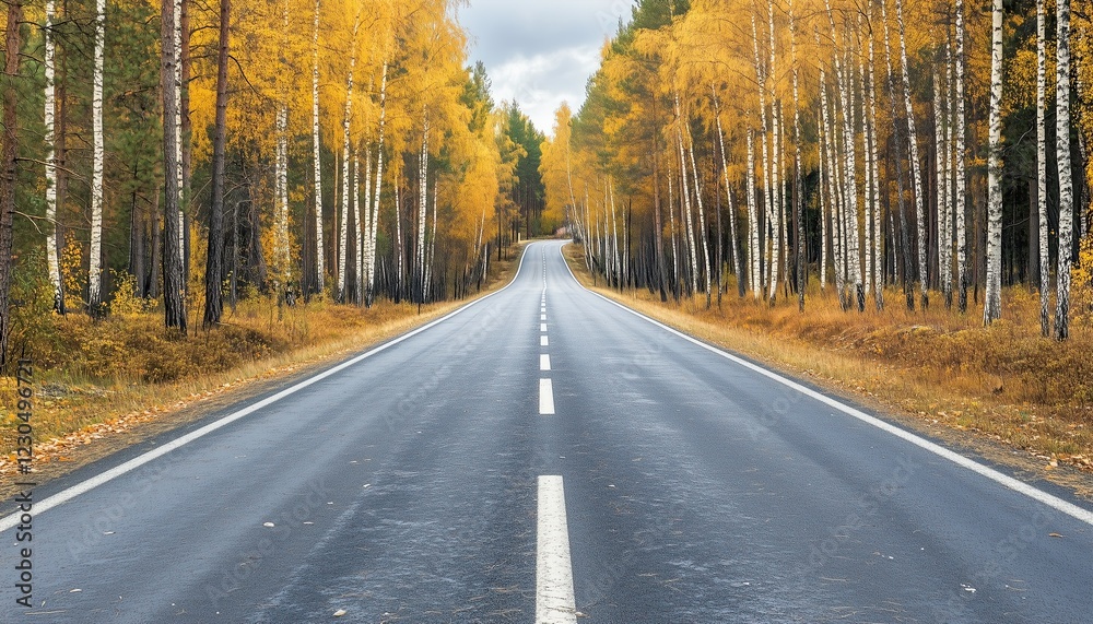 Fototapeta premium Empty road through autumn forest with golden trees