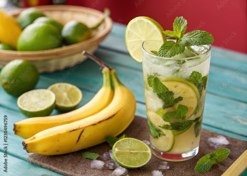 Fototapeta premium Vibrant Fruit Cocktail Mojito & Banana on Colorful Background - Summer Drink Stock Photo