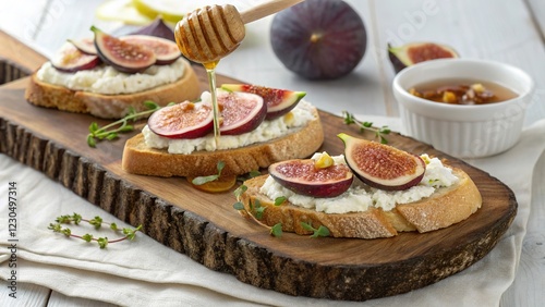 Rustic wooden board showcases cottage cheese crostini topped with figs and honey in a bright kitchen setting