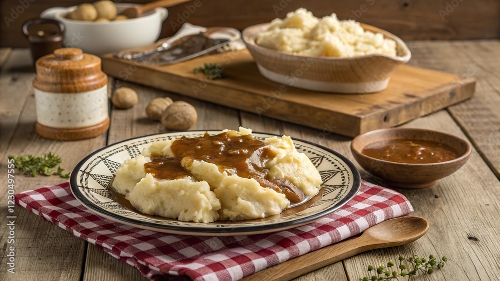 Rustic wooden table adorned with a large platter of creamy mashed potatoes and savory gravy at a cozy farmhouse setting Rustic wooden table adorned with a large platter of creamy mashed potatoes and savory gravy at a cozy farmhouse setting